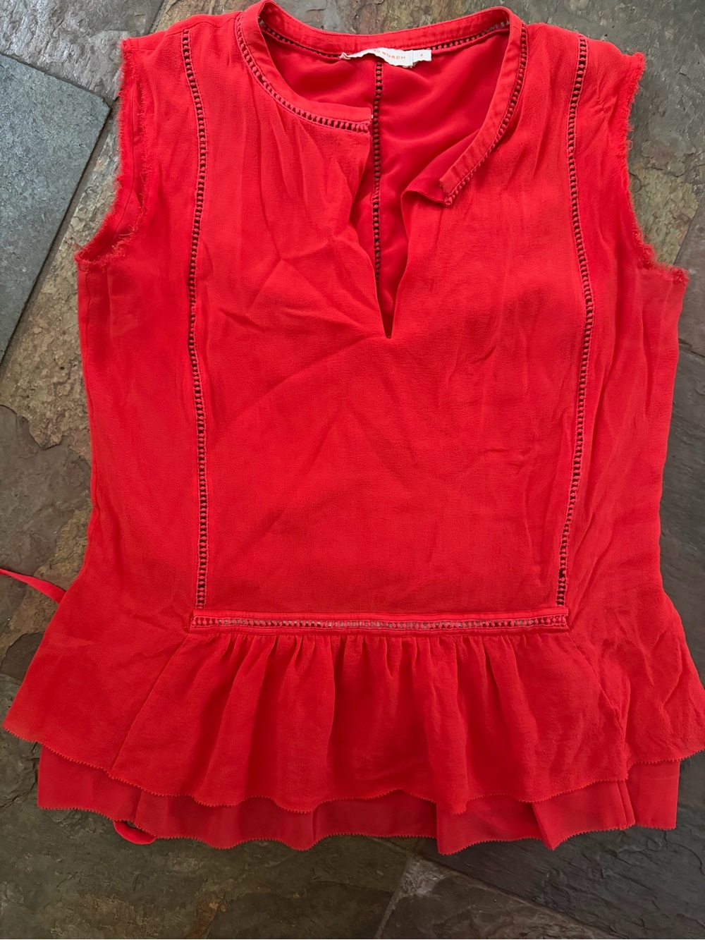 Tory Burch Red Sleeveless Peplum Tank with Ladder Stitch Trim raw edges back tie